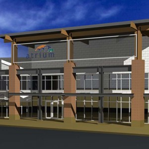 Front entrance of Space Place with a sign labeled 'Atrium'